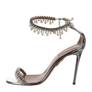 Aquazzura Silver Heels with faux Pearl Details and Rhinestones.
